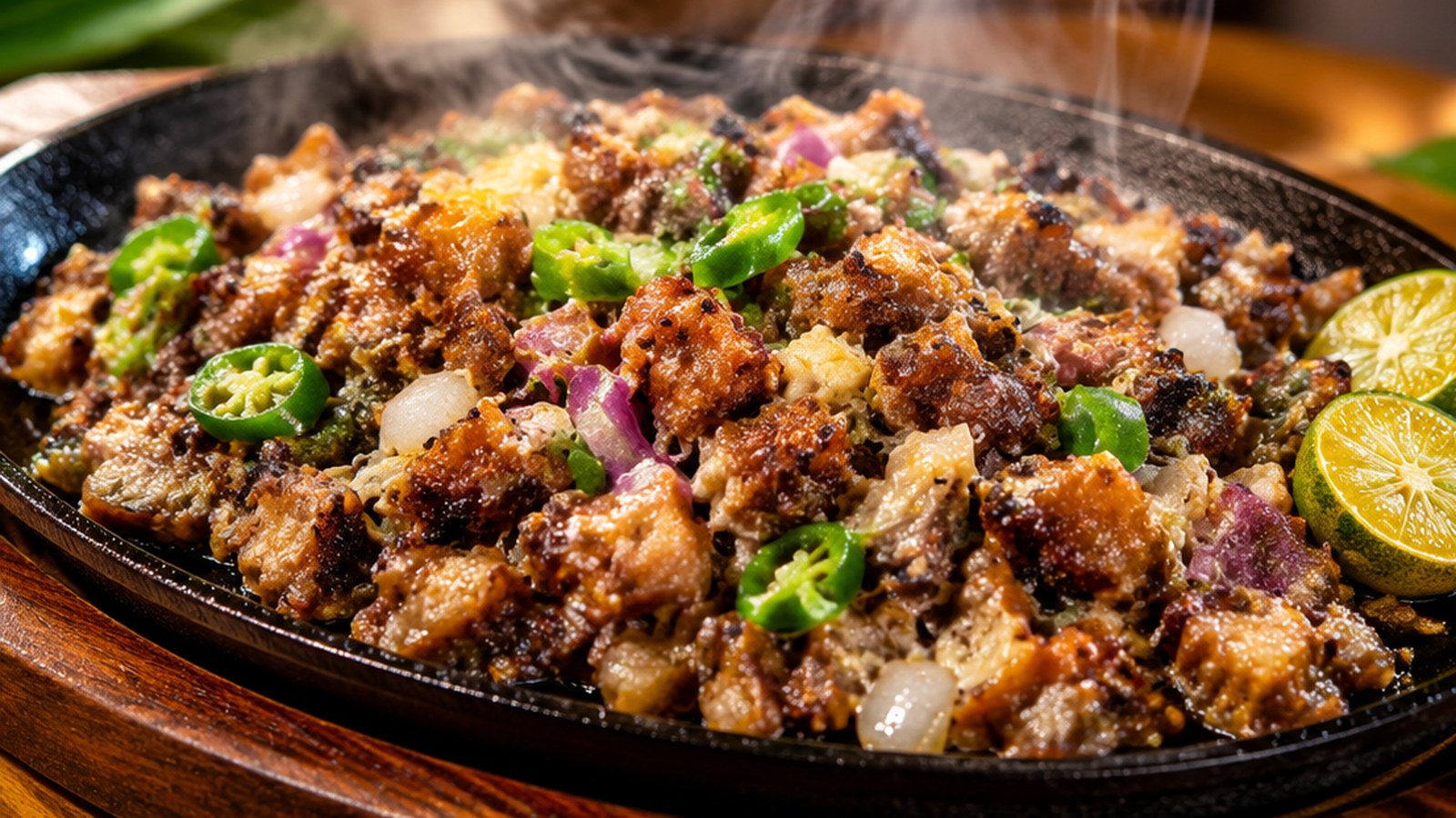 Sizzling sisig-style pork with onions, chilies and calamansi